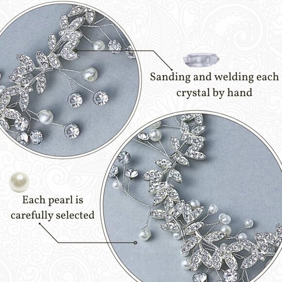 Crystal Hair Vine Bride Wedding Silver Pearl Bridal Headpiece Rhinestone Leaf Ha - Picture 3 of 7